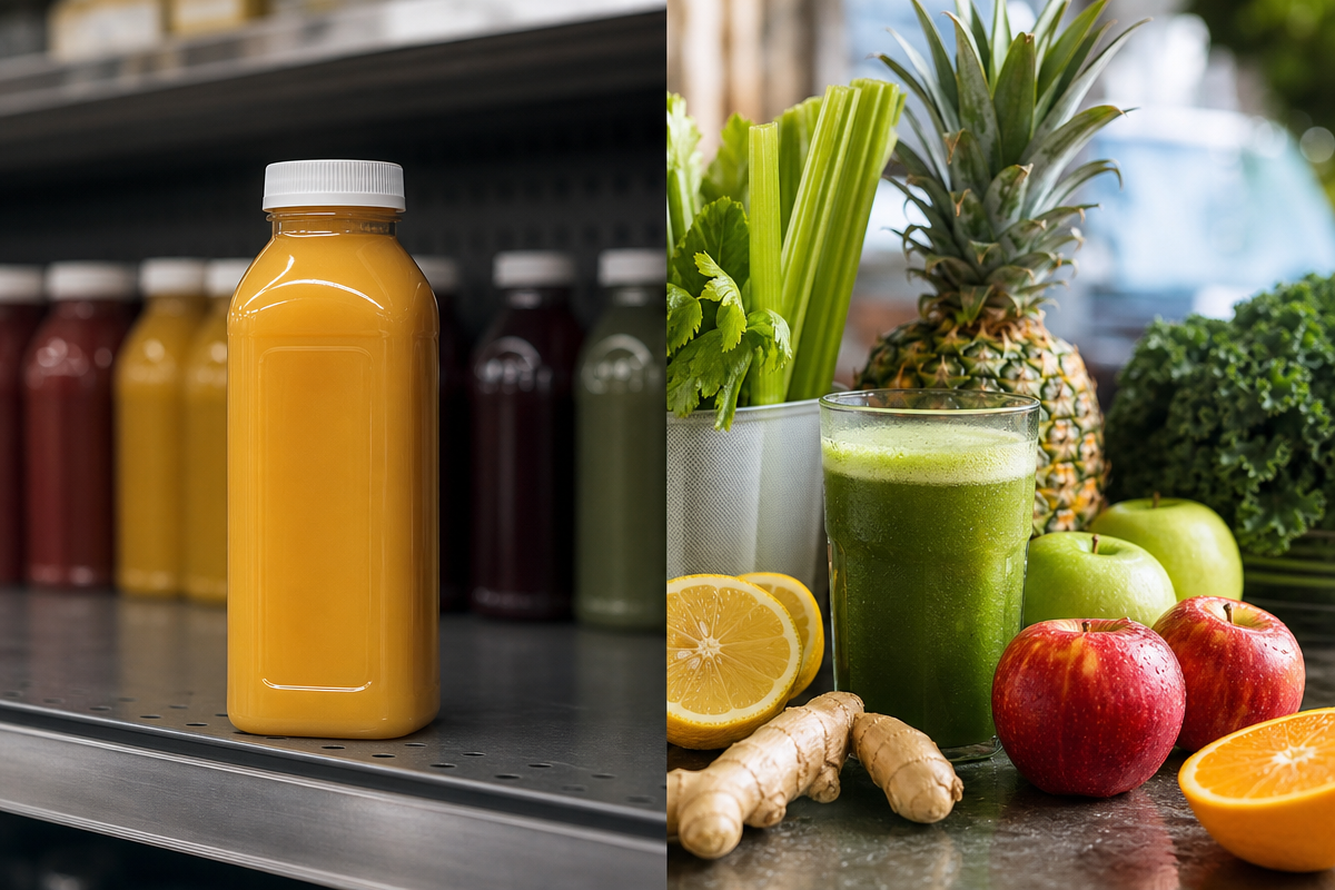 Side-by-side still life comparing a packaged store-bought juice with fresh-pressed juice and whole produce