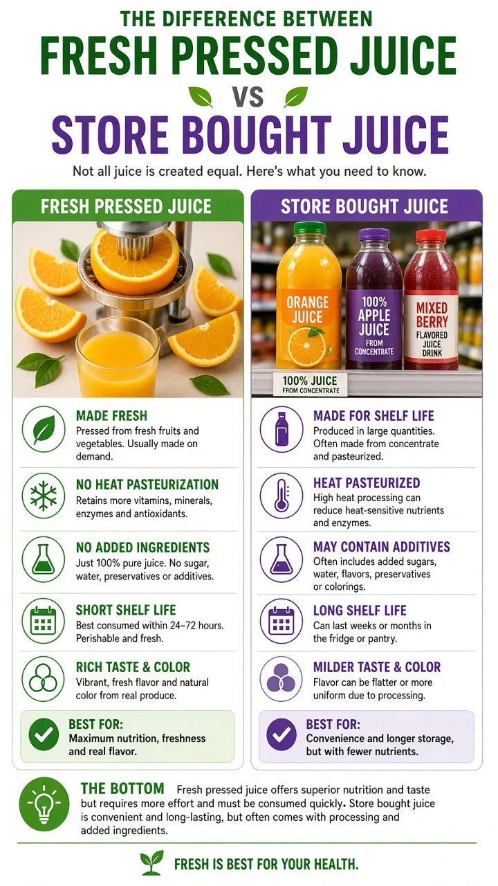 Infographic: the difference between fresh pressed juice and store bought juice — made fresh vs. made for shelf life, no heat pasteurization vs. heat pasteurized, no added ingredients vs. may contain additives, short vs. long shelf life, rich vs. milder taste and color